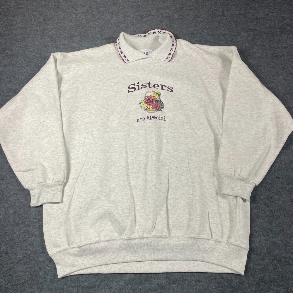 VTG Wons Wear Sweatshirt‎ Womens Extra Large Gray Collared Sisters Embroidered